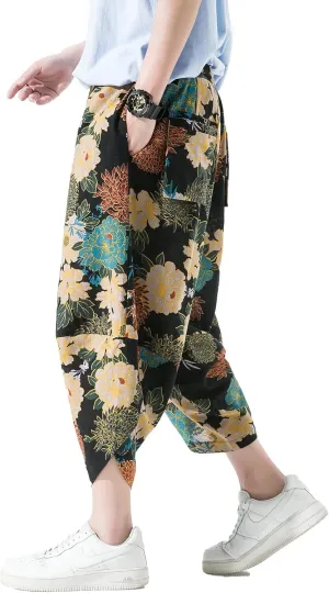 DOSLAVIDA Men's Casual Elastic Waist Linen Capri Pants Wide Leg Baggy Cotton Harem Yoga Trousers Loose Patchwork Shorts