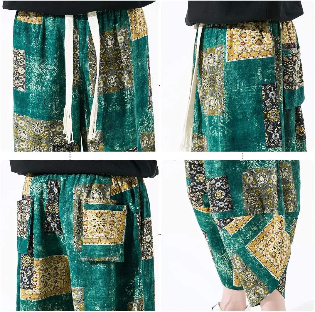 DOSLAVIDA Men's Casual Elastic Waist Linen Capri Pants Wide Leg Baggy Cotton Harem Yoga Trousers Loose Patchwork Shorts