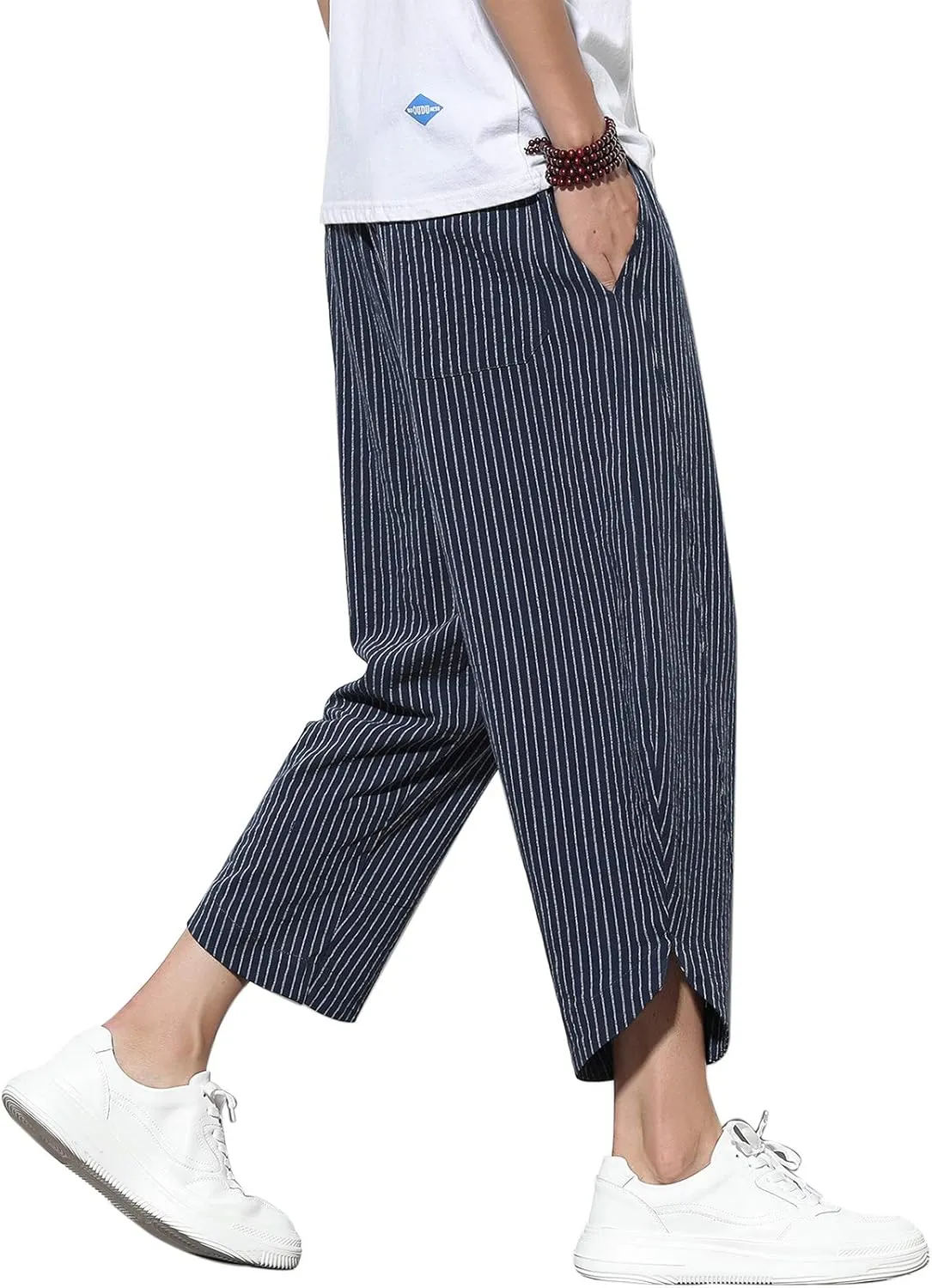 DOSLAVIDA Men's Casual Elastic Waist Linen Capri Pants Wide Leg Baggy Cotton Harem Yoga Trousers Loose Patchwork Shorts
