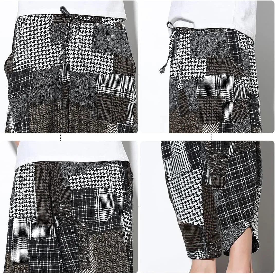 DOSLAVIDA Men's Casual Elastic Waist Linen Capri Pants Wide Leg Baggy Cotton Harem Yoga Trousers Loose Patchwork Shorts