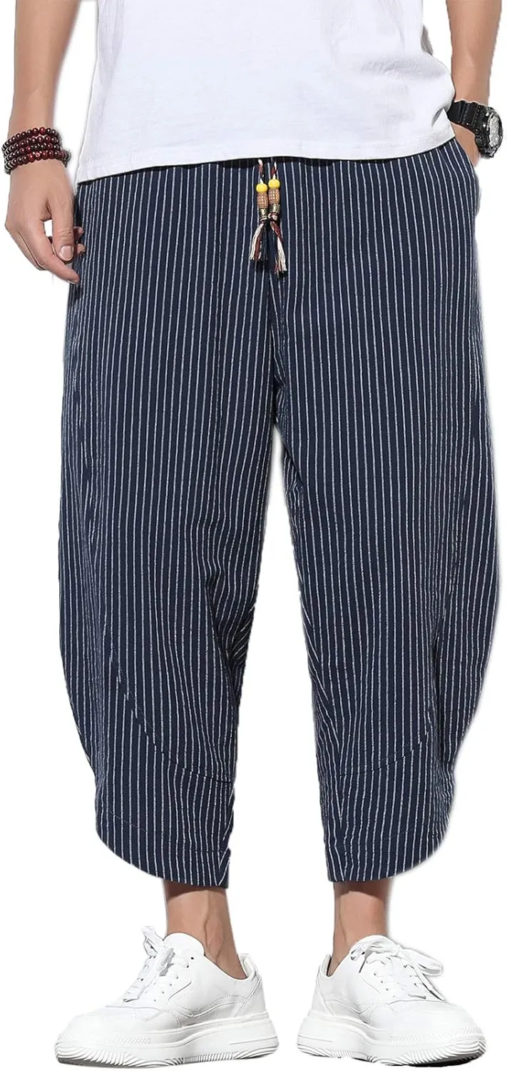 DOSLAVIDA Men's Casual Elastic Waist Linen Capri Pants Wide Leg Baggy Cotton Harem Yoga Trousers Loose Patchwork Shorts