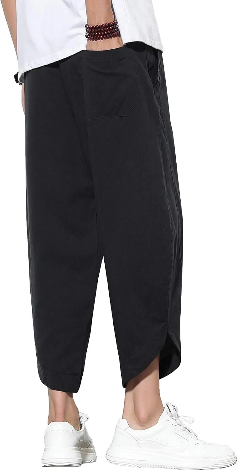 DOSLAVIDA Men's Casual Elastic Waist Linen Capri Pants Wide Leg Baggy Cotton Harem Yoga Trousers Loose Patchwork Shorts