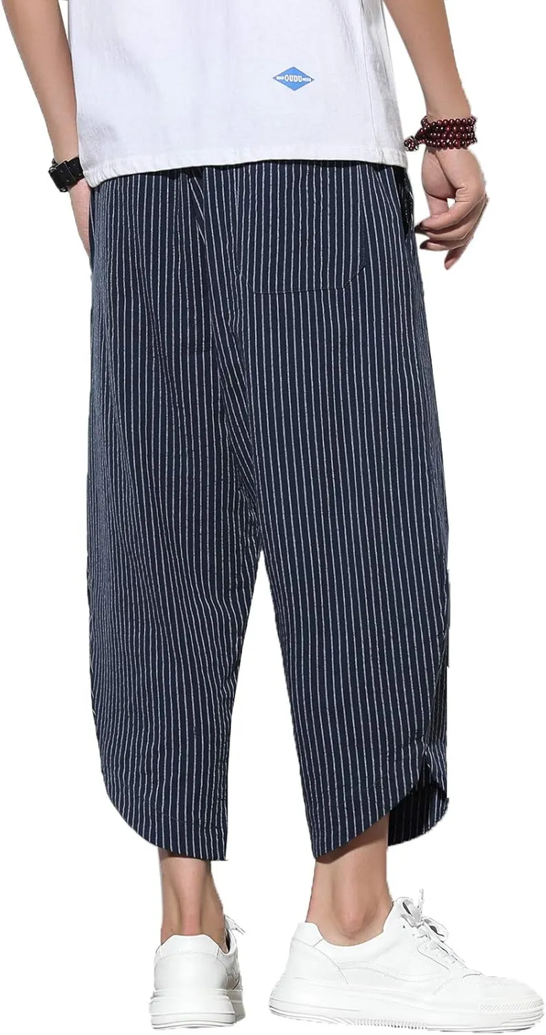 DOSLAVIDA Men's Casual Elastic Waist Linen Capri Pants Wide Leg Baggy Cotton Harem Yoga Trousers Loose Patchwork Shorts