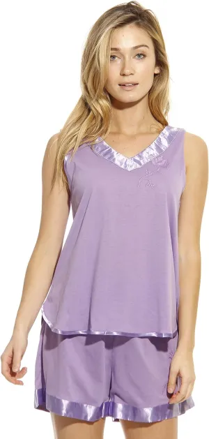 Dreamcrest Pajama Double V Short Sets with Satin Trim and Floral Embroidery