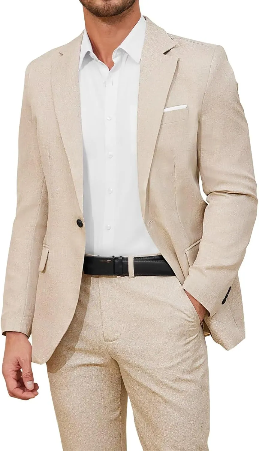 EMERAIDVLN Men's 2 Piece Suits Slim Fit Casual Lightweight Suit Set 2 Button Linen Textured Blazer Suit Jacket Pants Set