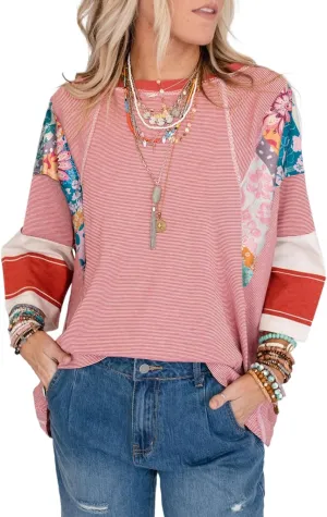 EVALESS 3/4 Length Sleeve Womens Tops Trendy 2025 Spring Summer Crew Neck Oversized Striped Patchwork Shirts Blouse