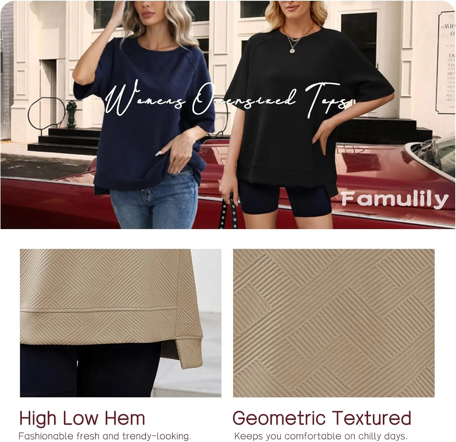 Famulily Womens Crewneck Short Sleeve T Shirt Casual Summer Textured Tee Loose Oversized High Low Blouse