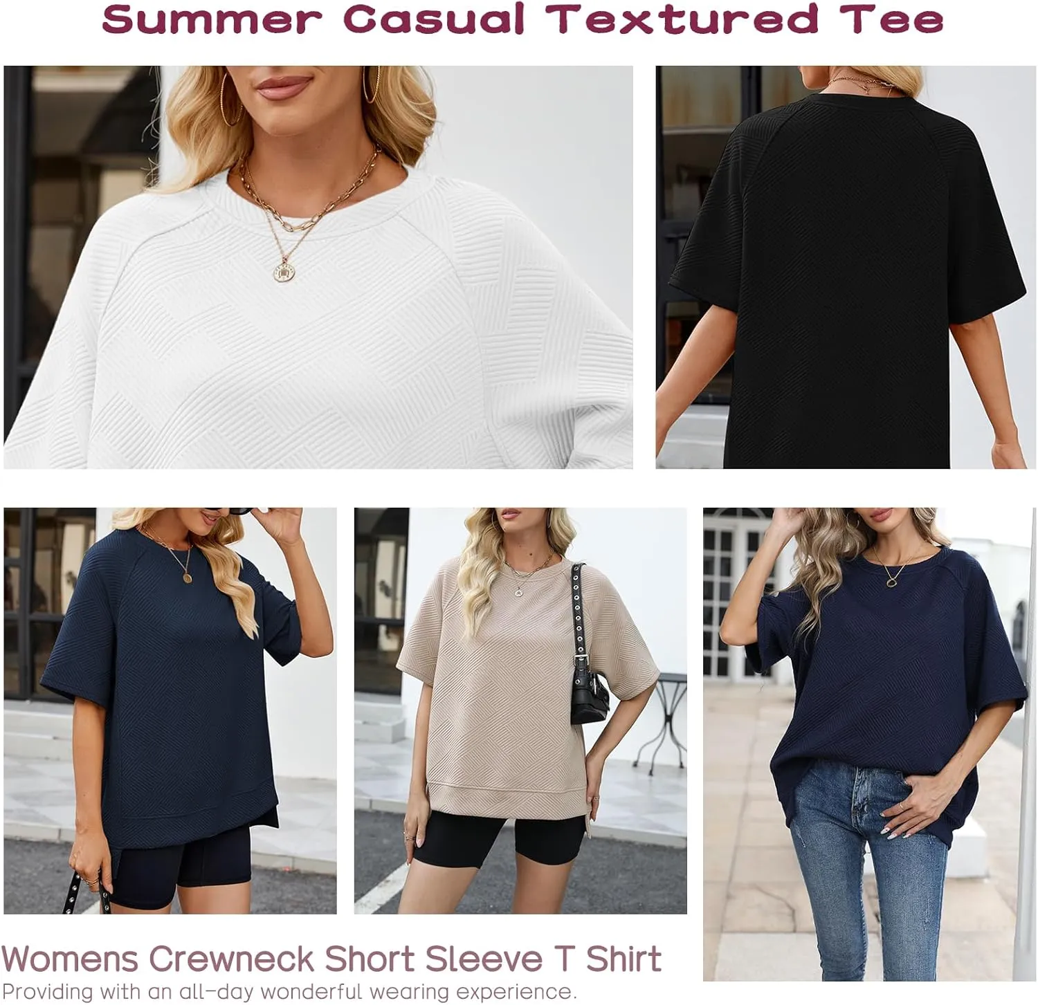 Famulily Womens Crewneck Short Sleeve T Shirt Casual Summer Textured Tee Loose Oversized High Low Blouse