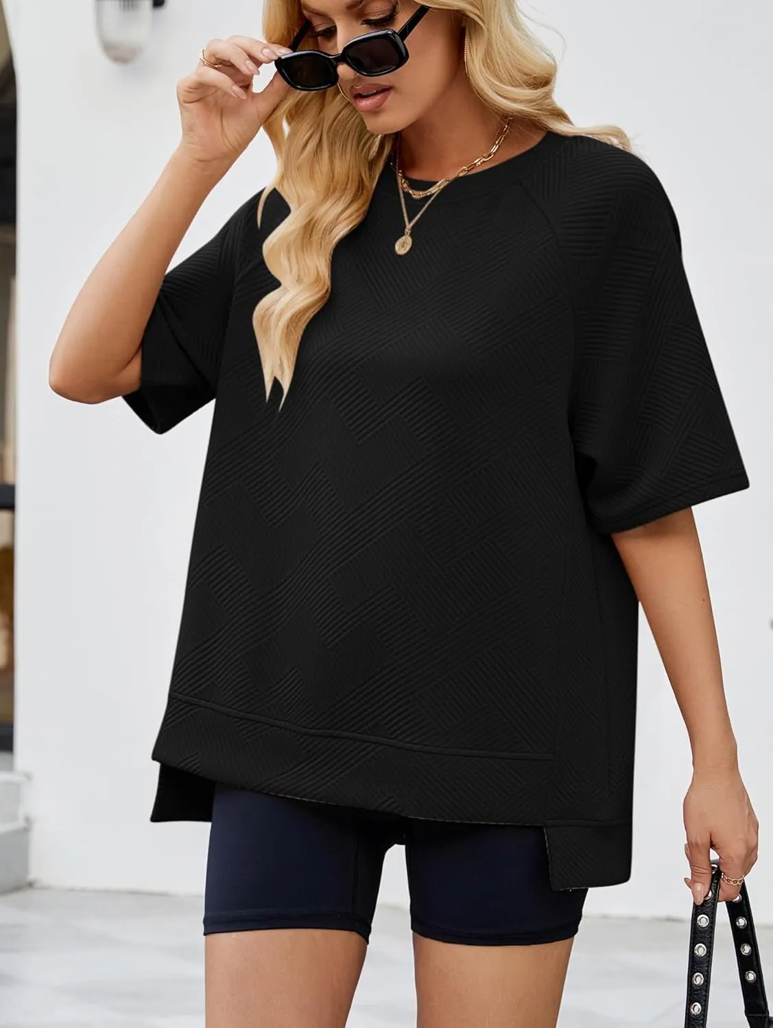 Famulily Womens Crewneck Short Sleeve T Shirt Casual Summer Textured Tee Loose Oversized High Low Blouse