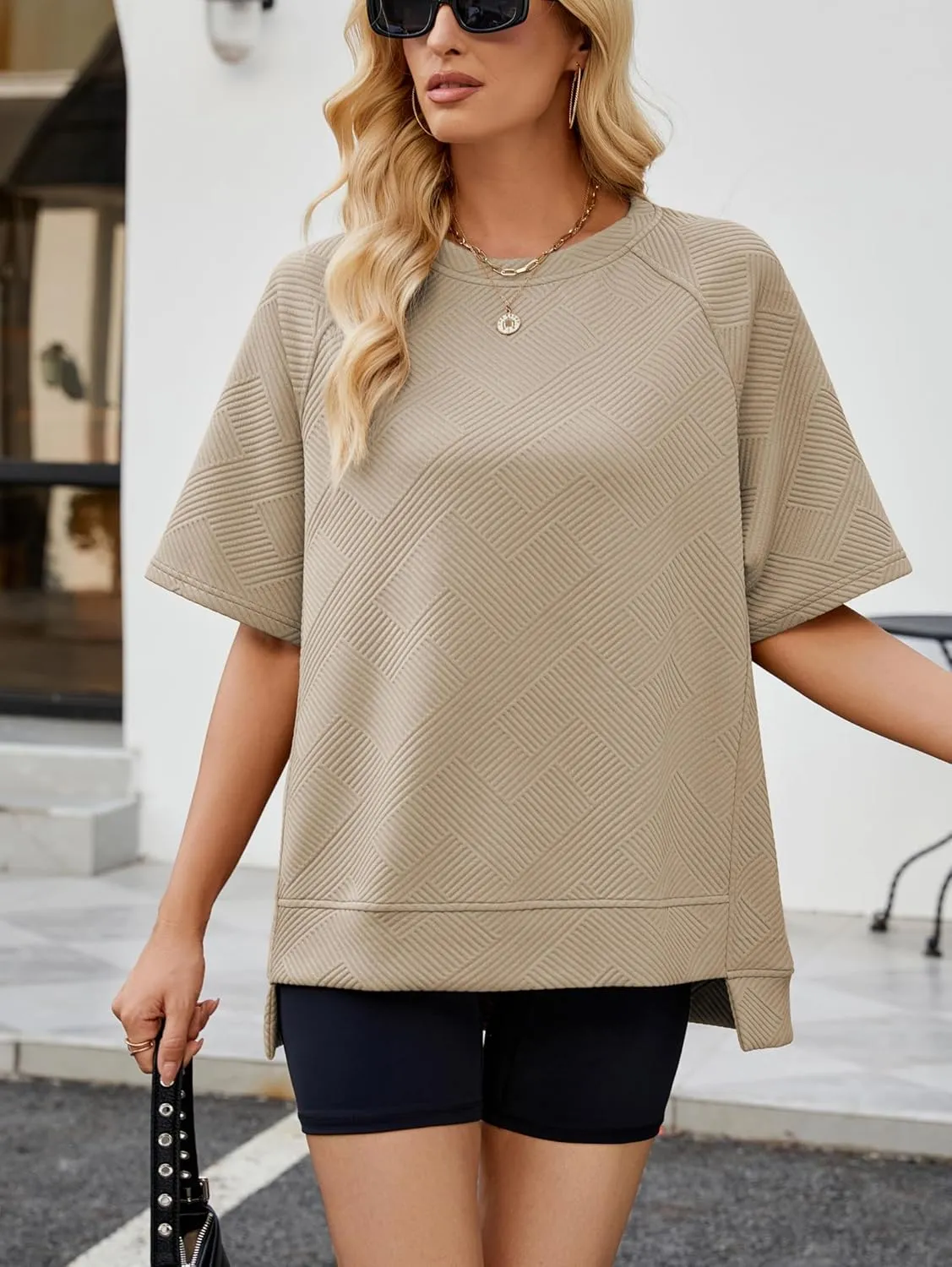Famulily Womens Crewneck Short Sleeve T Shirt Casual Summer Textured Tee Loose Oversized High Low Blouse