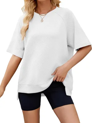Famulily Womens Crewneck Short Sleeve T Shirt Casual Summer Textured Tee Loose Oversized High Low Blouse