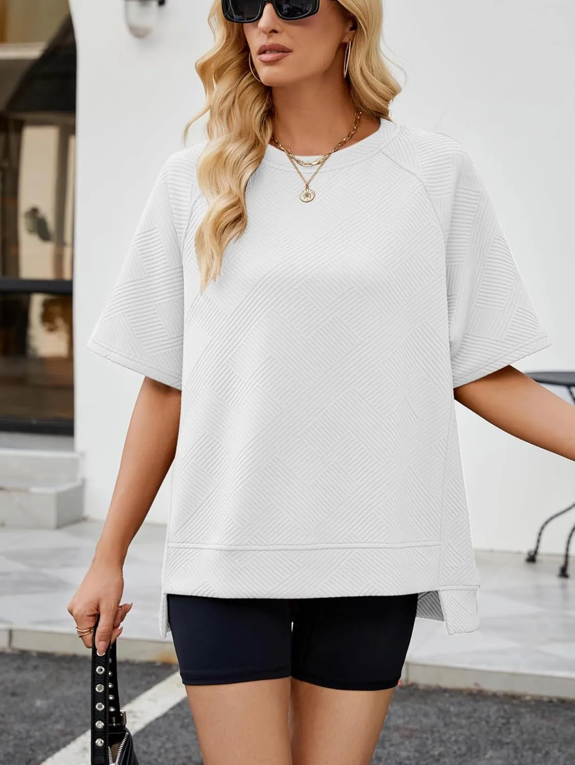 Famulily Womens Crewneck Short Sleeve T Shirt Casual Summer Textured Tee Loose Oversized High Low Blouse