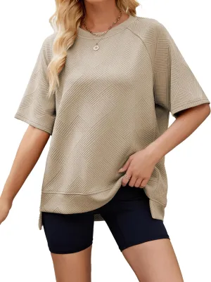 Famulily Womens Crewneck Short Sleeve T Shirt Casual Summer Textured Tee Loose Oversized High Low Blouse