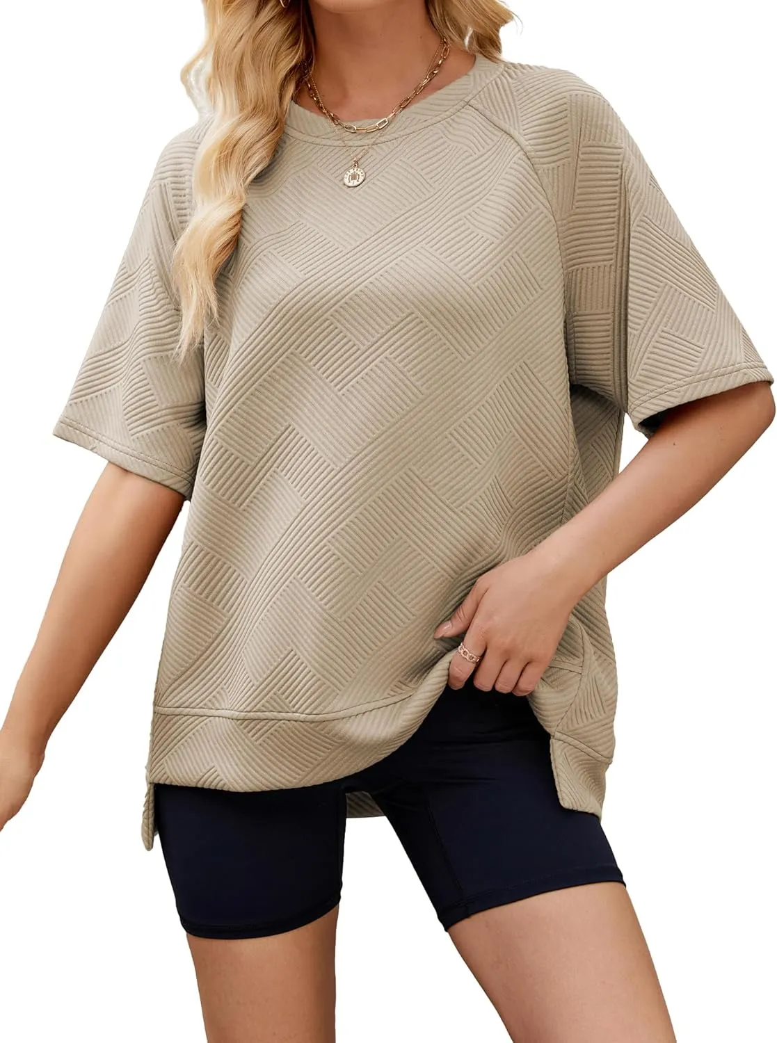 Famulily Womens Crewneck Short Sleeve T Shirt Casual Summer Textured Tee Loose Oversized High Low Blouse