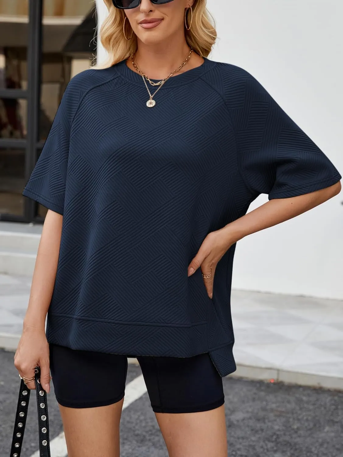 Famulily Womens Crewneck Short Sleeve T Shirt Casual Summer Textured Tee Loose Oversized High Low Blouse