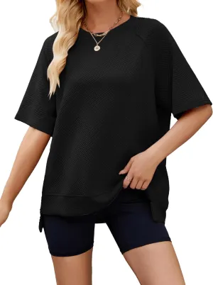 Famulily Womens Crewneck Short Sleeve T Shirt Casual Summer Textured Tee Loose Oversized High Low Blouse