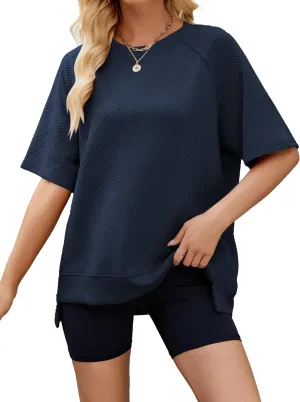 Famulily Womens Crewneck Short Sleeve T Shirt Casual Summer Textured Tee Loose Oversized High Low Blouse