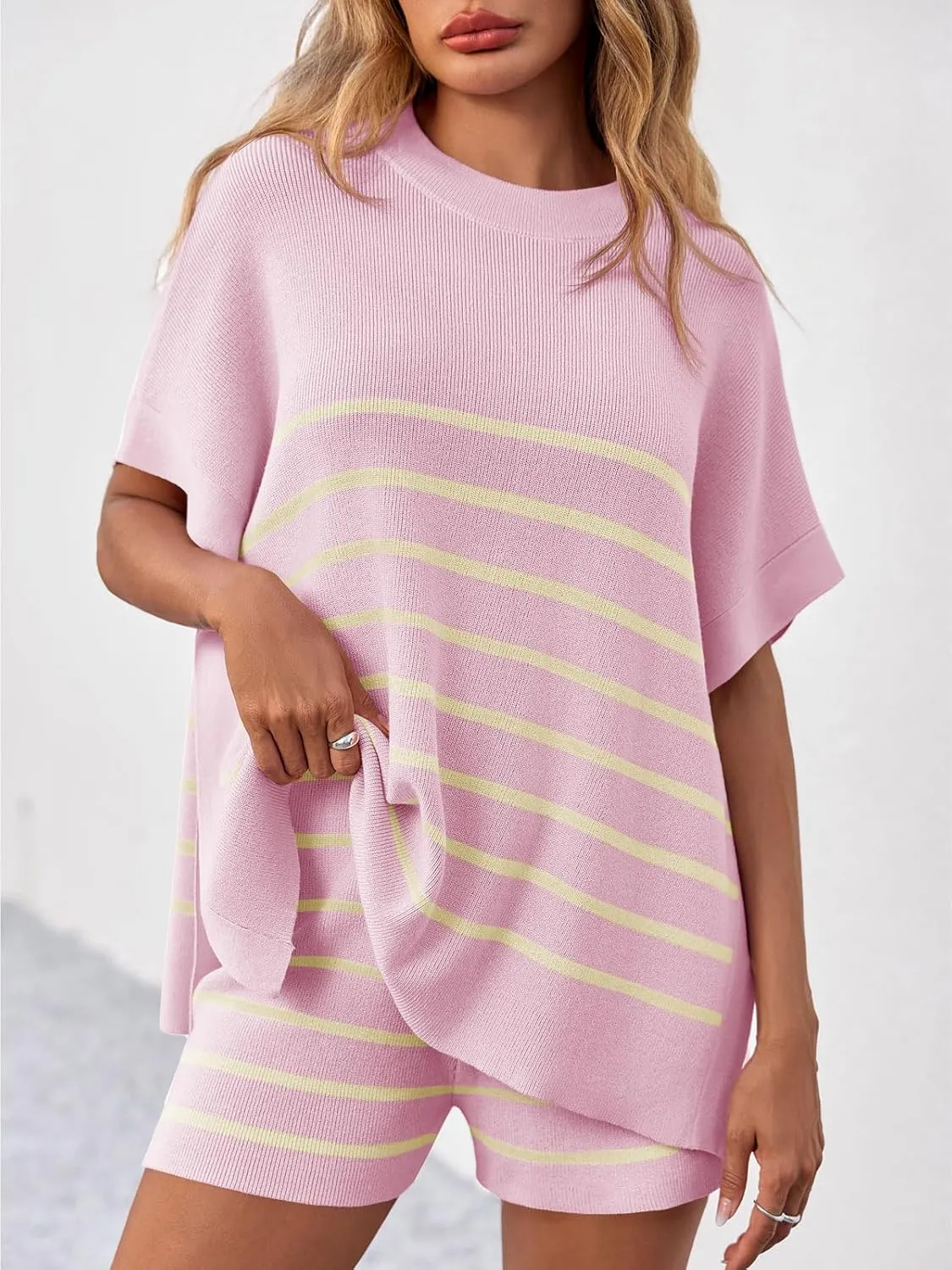 Fisoew Women's Striped 2 Piece Outfits Oversized Batwing Short Sleeve Tops High Waisted Shorts Summer Knit Lounge Short Sets