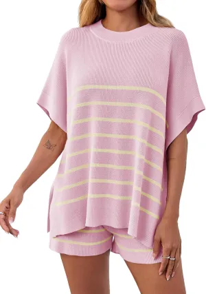 Fisoew Women's Striped 2 Piece Outfits Oversized Batwing Short Sleeve Tops High Waisted Shorts Summer Knit Lounge Short Sets