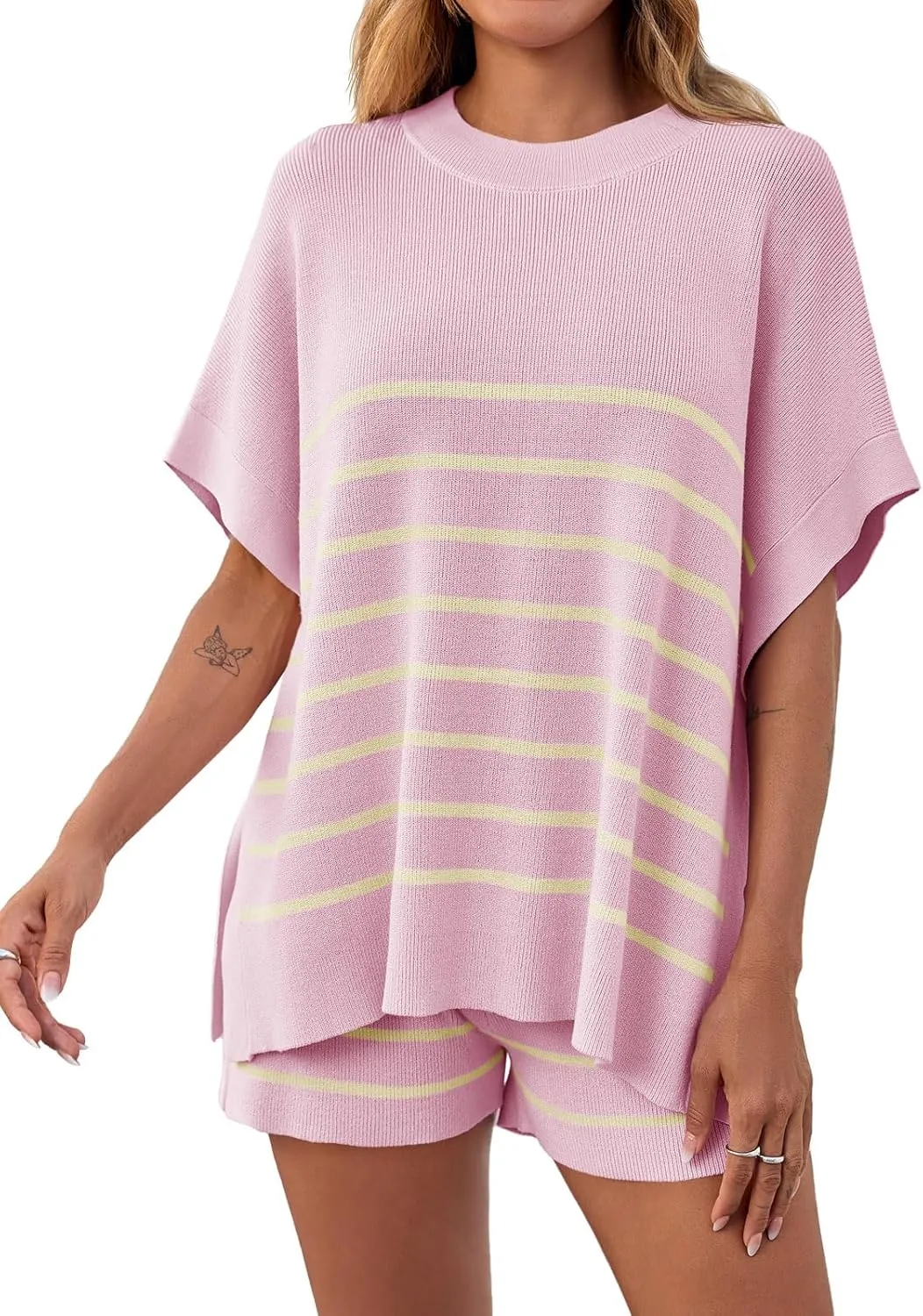 Fisoew Women's Striped 2 Piece Outfits Oversized Batwing Short Sleeve Tops High Waisted Shorts Summer Knit Lounge Short Sets