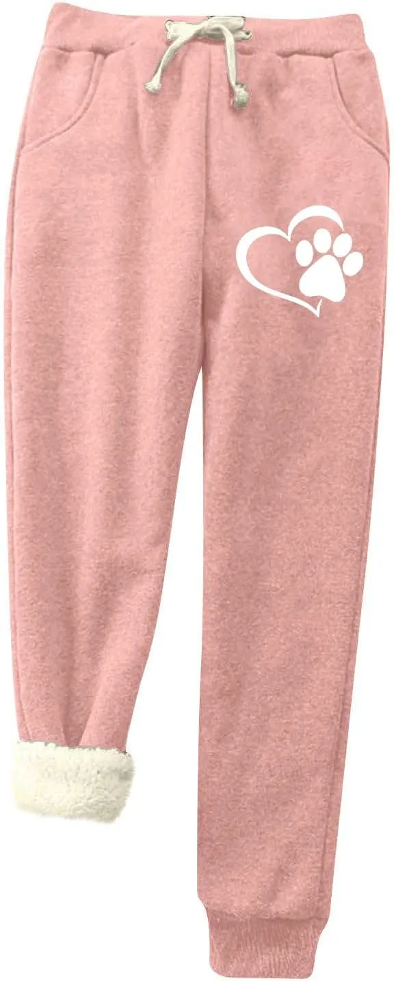 Fleece Lined Sweatpants Women - Joggers for Women with Pockets High Waisted Dog Paw Print Thermal Winter Warm Pants