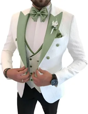 Floral Jacquard 3 Piece Suits for Wedding Slim Fit One Button Tuxedos Blazer Double Breasted Vest Pants Bow Tie