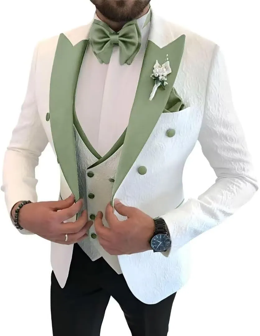 Floral Jacquard 3 Piece Suits for Wedding Slim Fit One Button Tuxedos Blazer Double Breasted Vest Pants Bow Tie