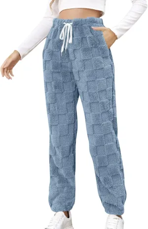 Fuzzy Fluffy Thermal Fleece Pants for Women Lounge Sleepwear Plaid Pajama Pants with Pocket Casual Soft Pants