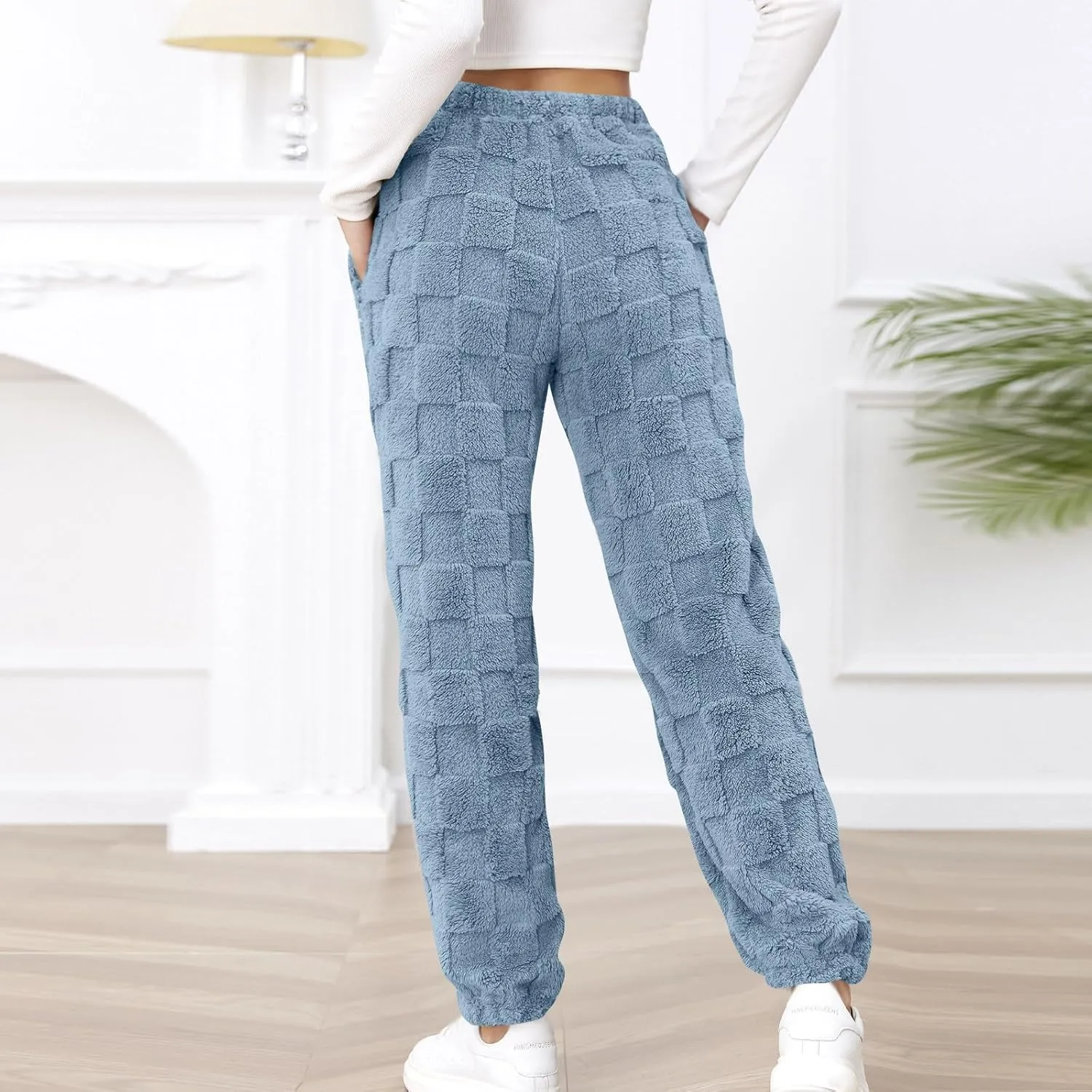 Fuzzy Fluffy Thermal Fleece Pants for Women Lounge Sleepwear Plaid Pajama Pants with Pocket Casual Soft Pants