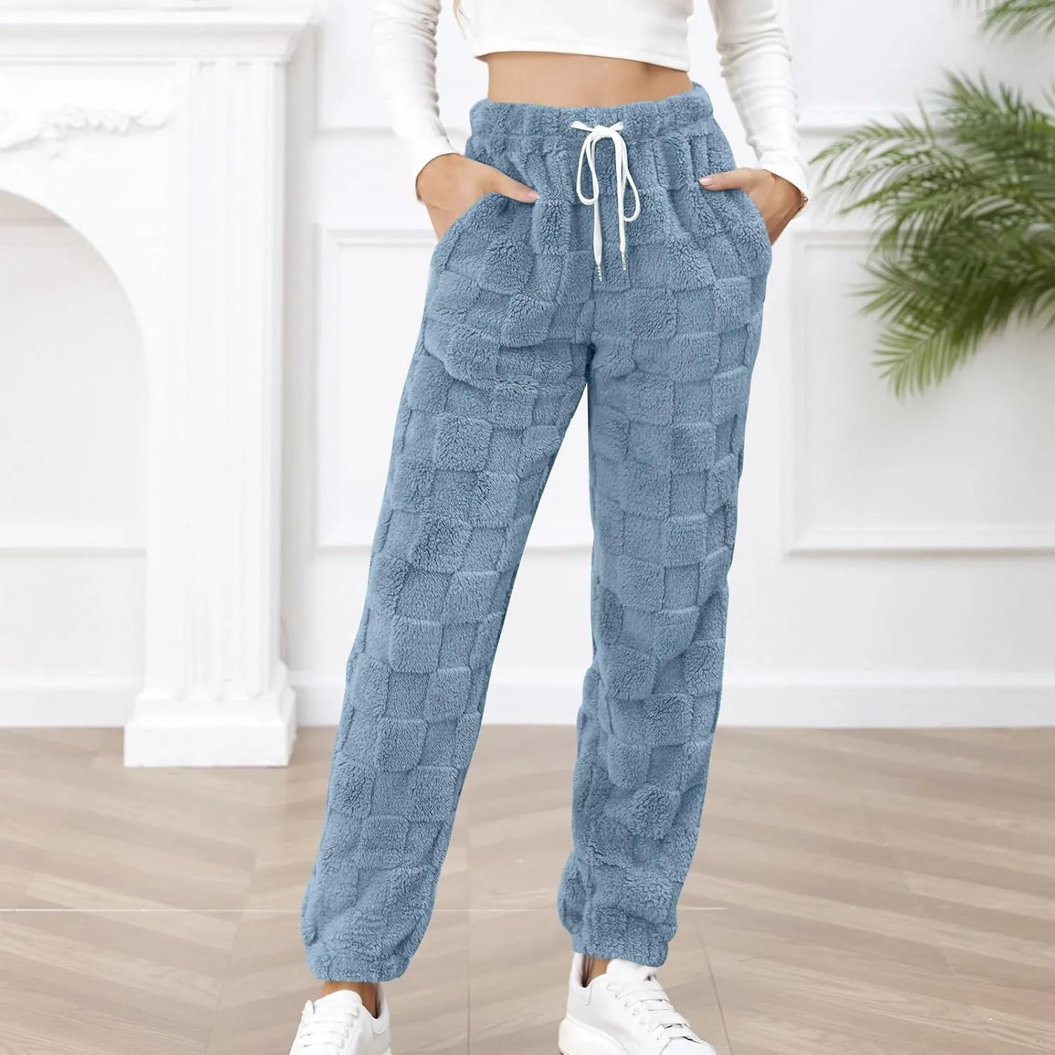 Fuzzy Fluffy Thermal Fleece Pants for Women Lounge Sleepwear Plaid Pajama Pants with Pocket Casual Soft Pants