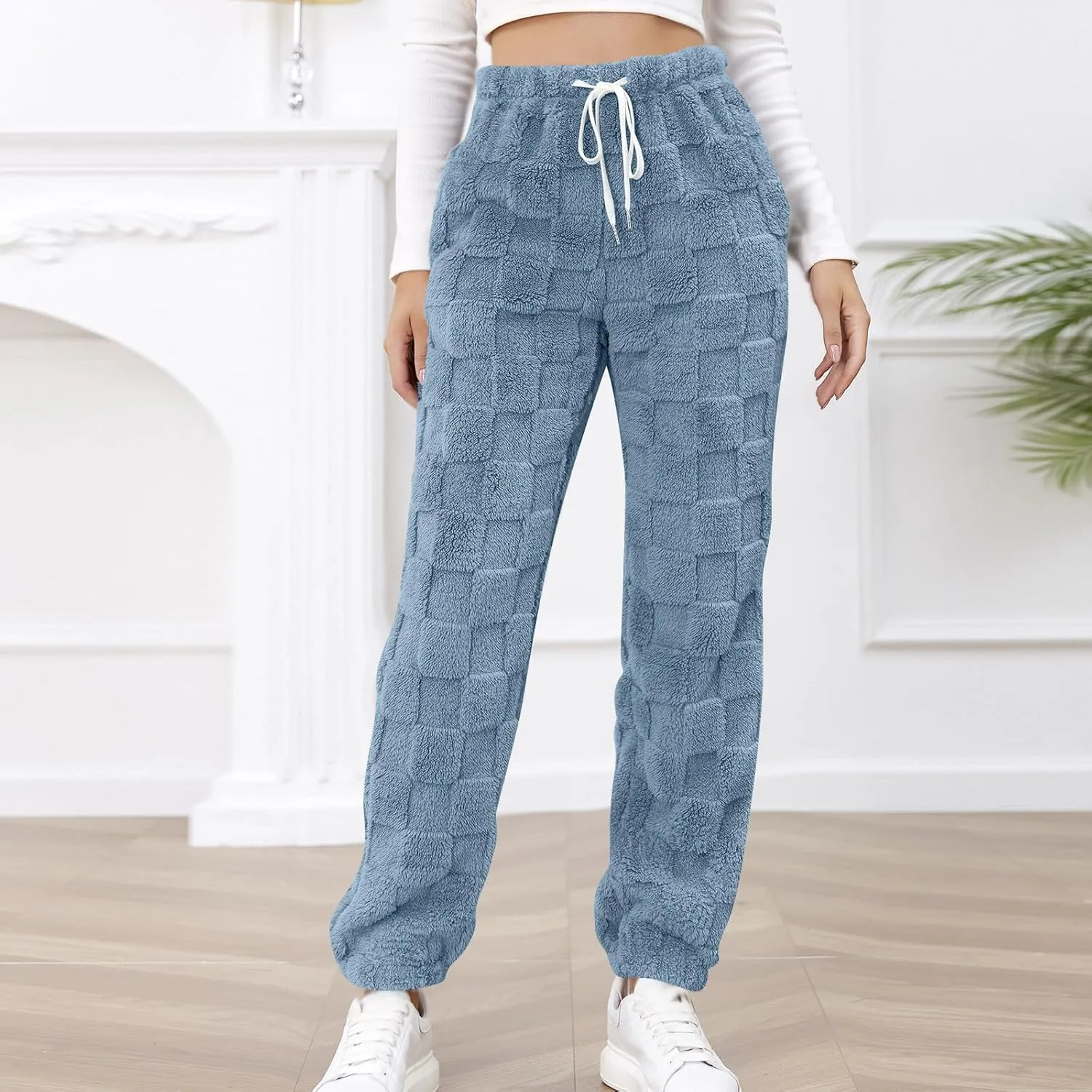 Fuzzy Fluffy Thermal Fleece Pants for Women Lounge Sleepwear Plaid Pajama Pants with Pocket Casual Soft Pants