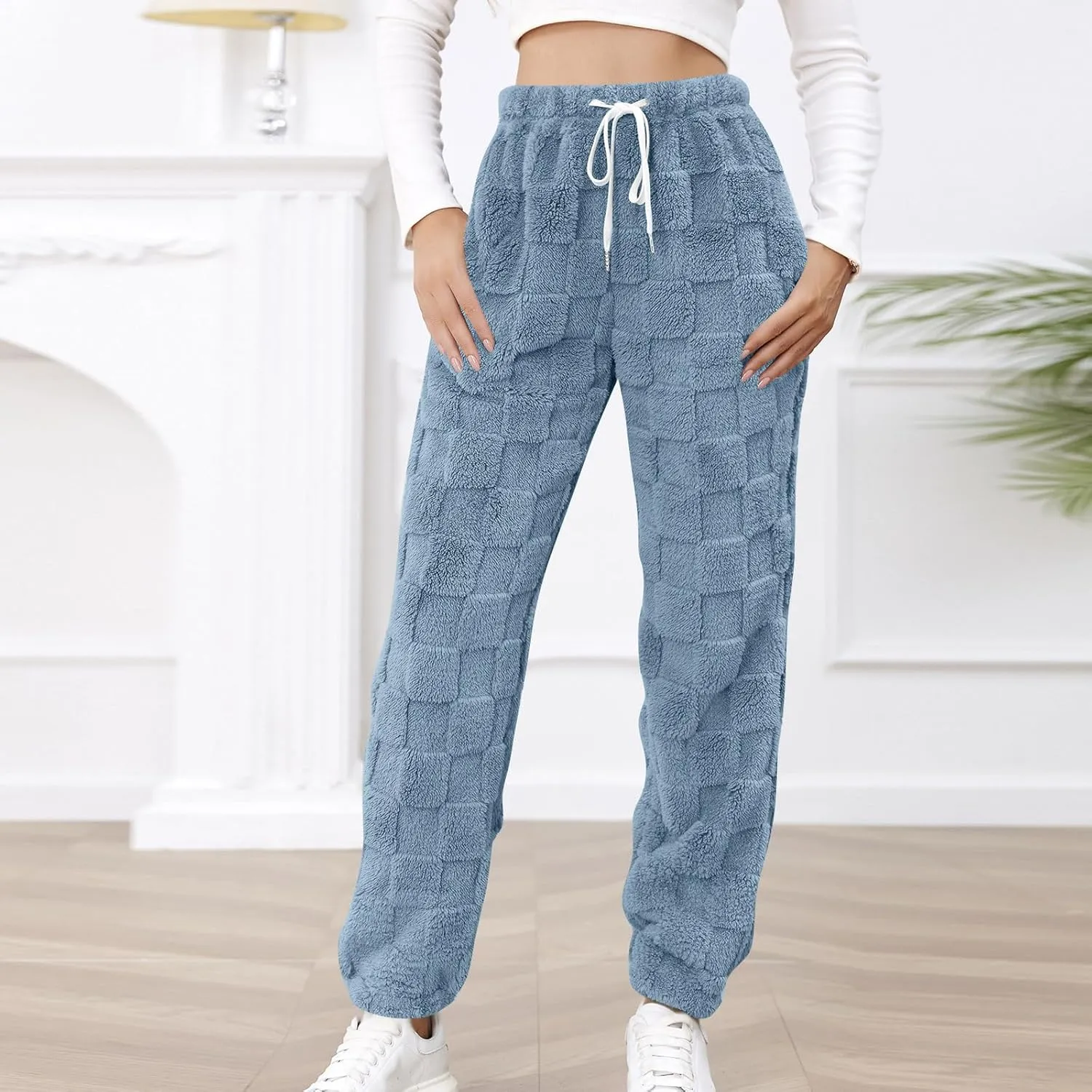 Fuzzy Fluffy Thermal Fleece Pants for Women Lounge Sleepwear Plaid Pajama Pants with Pocket Casual Soft Pants