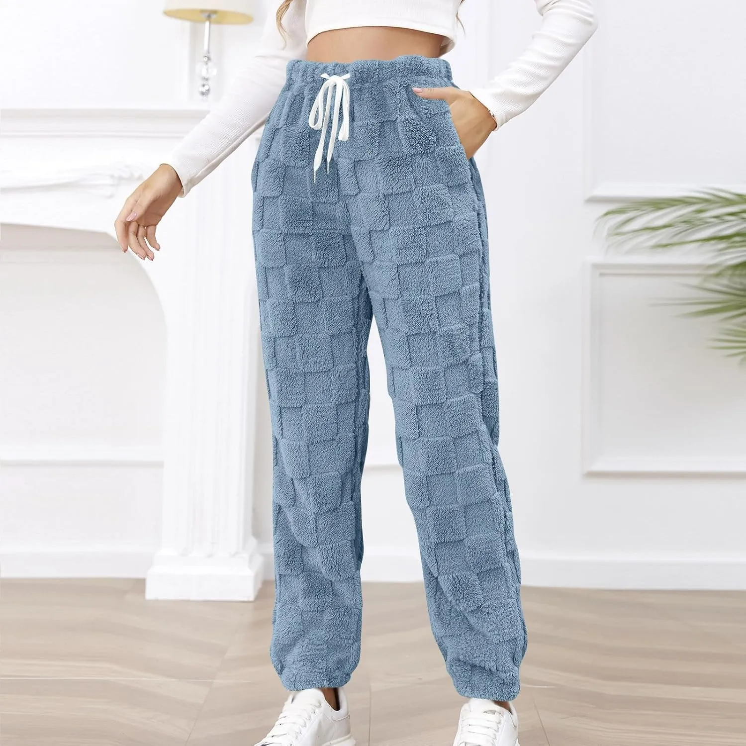 Fuzzy Fluffy Thermal Fleece Pants for Women Lounge Sleepwear Plaid Pajama Pants with Pocket Casual Soft Pants