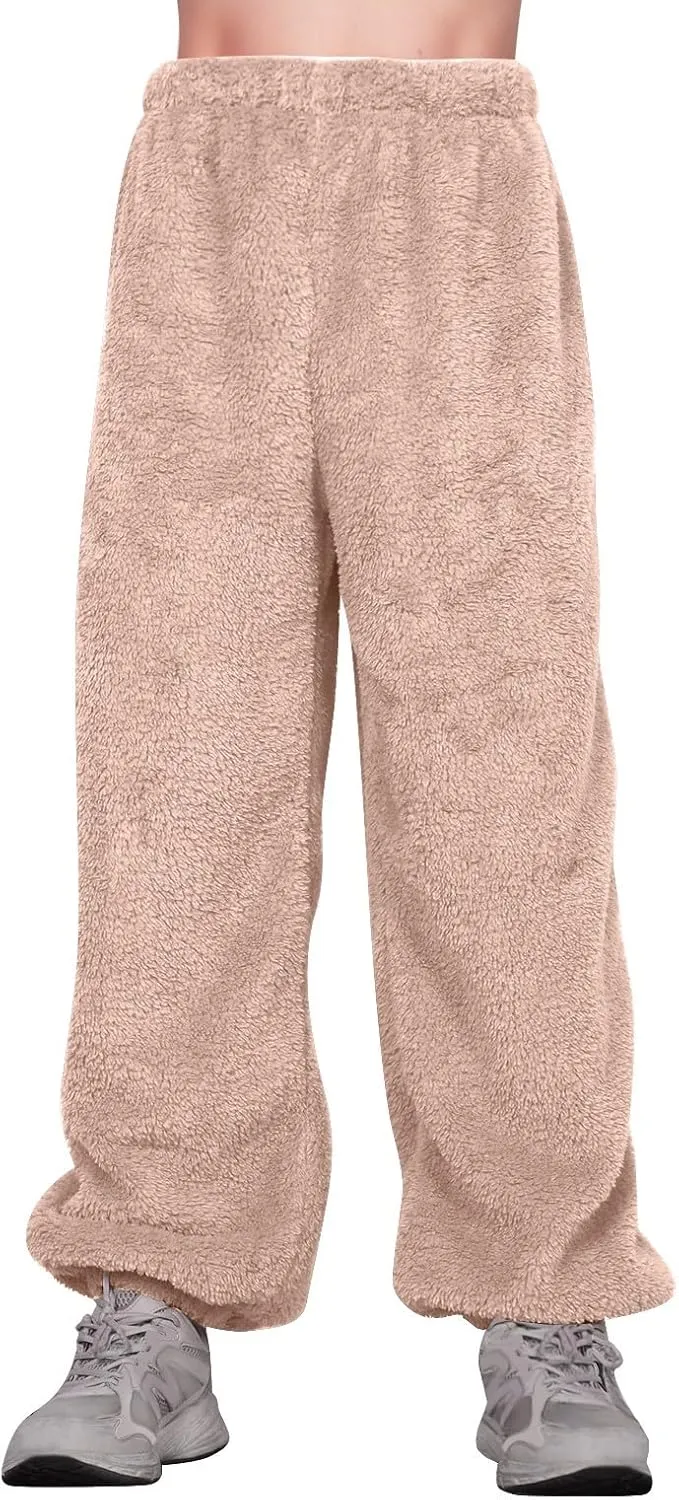 Fuzzy Pajama Loungewear Pants for Women 2024 Classic Fleece Elastic High Waist Straight Sleep Bottoms Plus Size