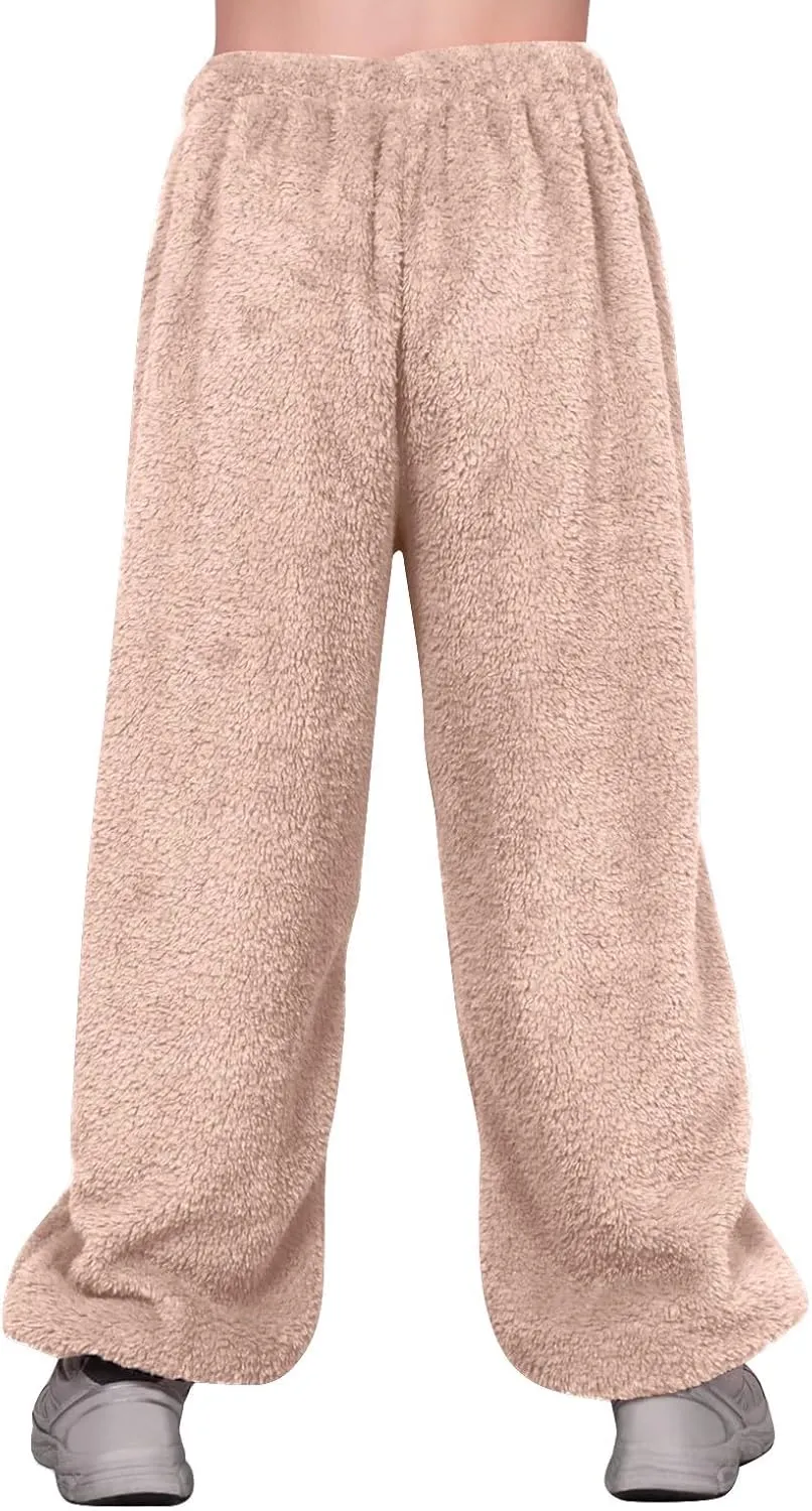Fuzzy Pajama Loungewear Pants for Women 2024 Classic Fleece Elastic High Waist Straight Sleep Bottoms Plus Size
