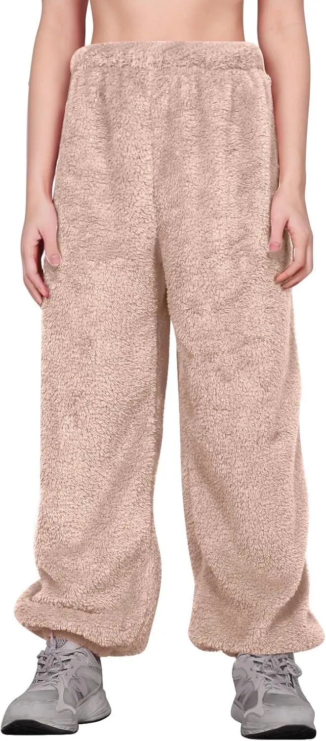 Fuzzy Pajama Loungewear Pants for Women 2024 Classic Fleece Elastic High Waist Straight Sleep Bottoms Plus Size