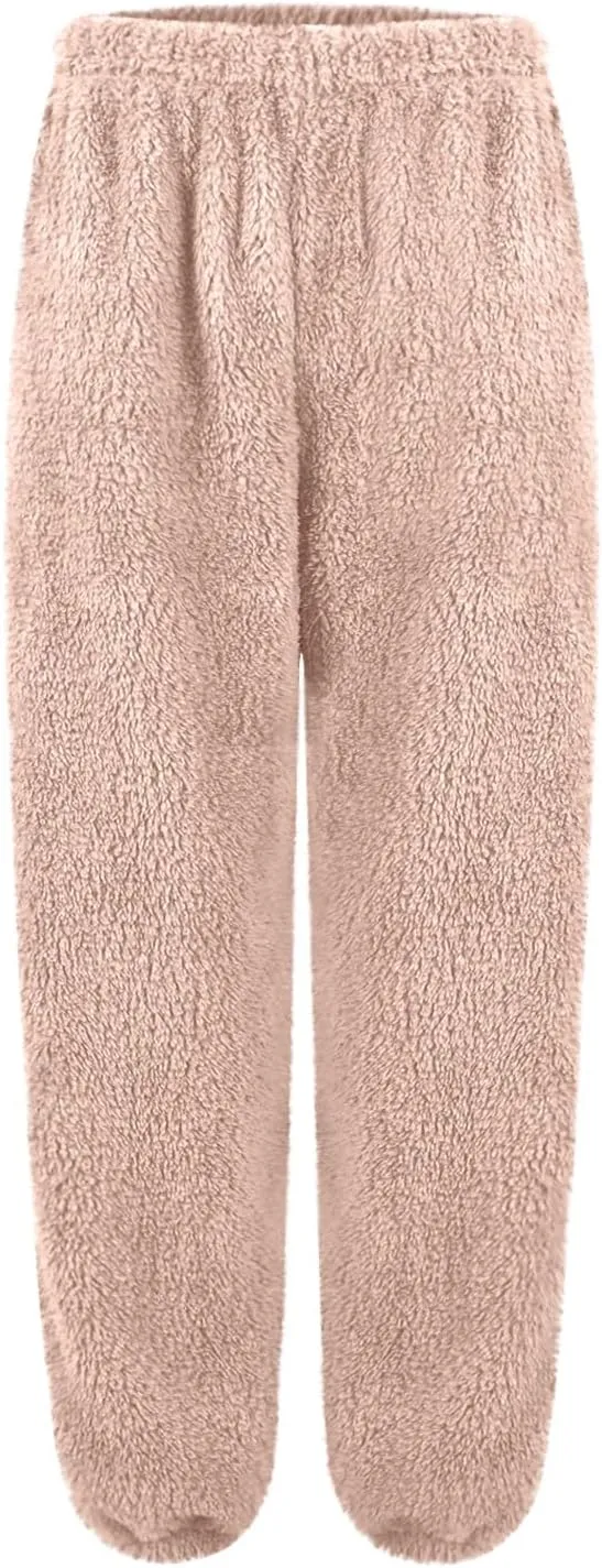 Fuzzy Pajama Loungewear Pants for Women 2024 Classic Fleece Elastic High Waist Straight Sleep Bottoms Plus Size