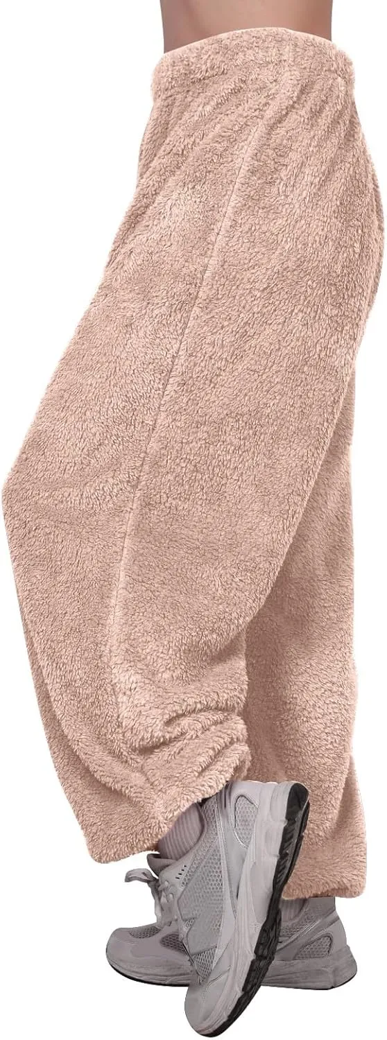 Fuzzy Pajama Loungewear Pants for Women 2024 Classic Fleece Elastic High Waist Straight Sleep Bottoms Plus Size