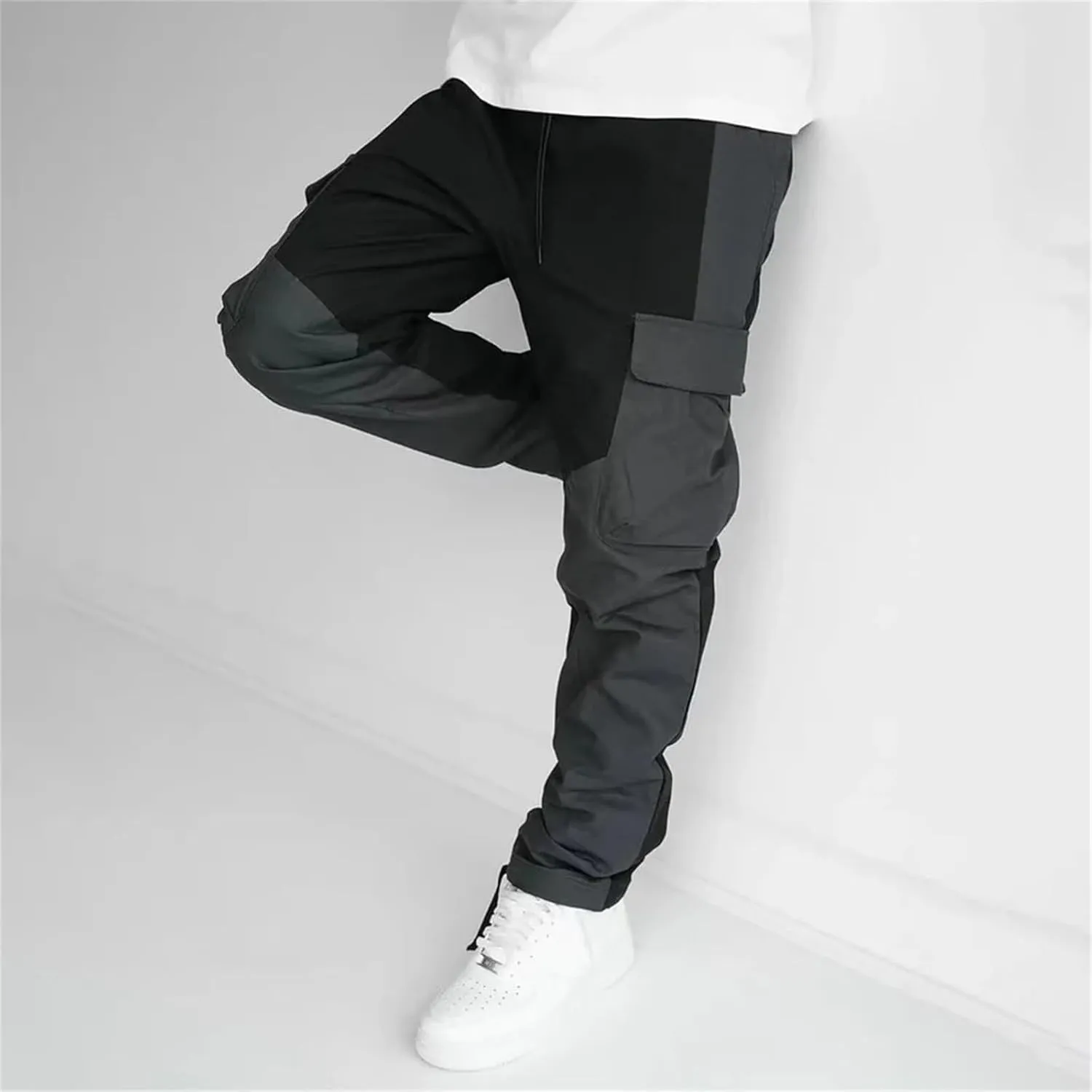 GIERIDUC Men's Twill Relaxed Fit Cargo Pant Wide Leg Tracksuit Bottoms Mens Fashion Dress Pants Black and White Leggings