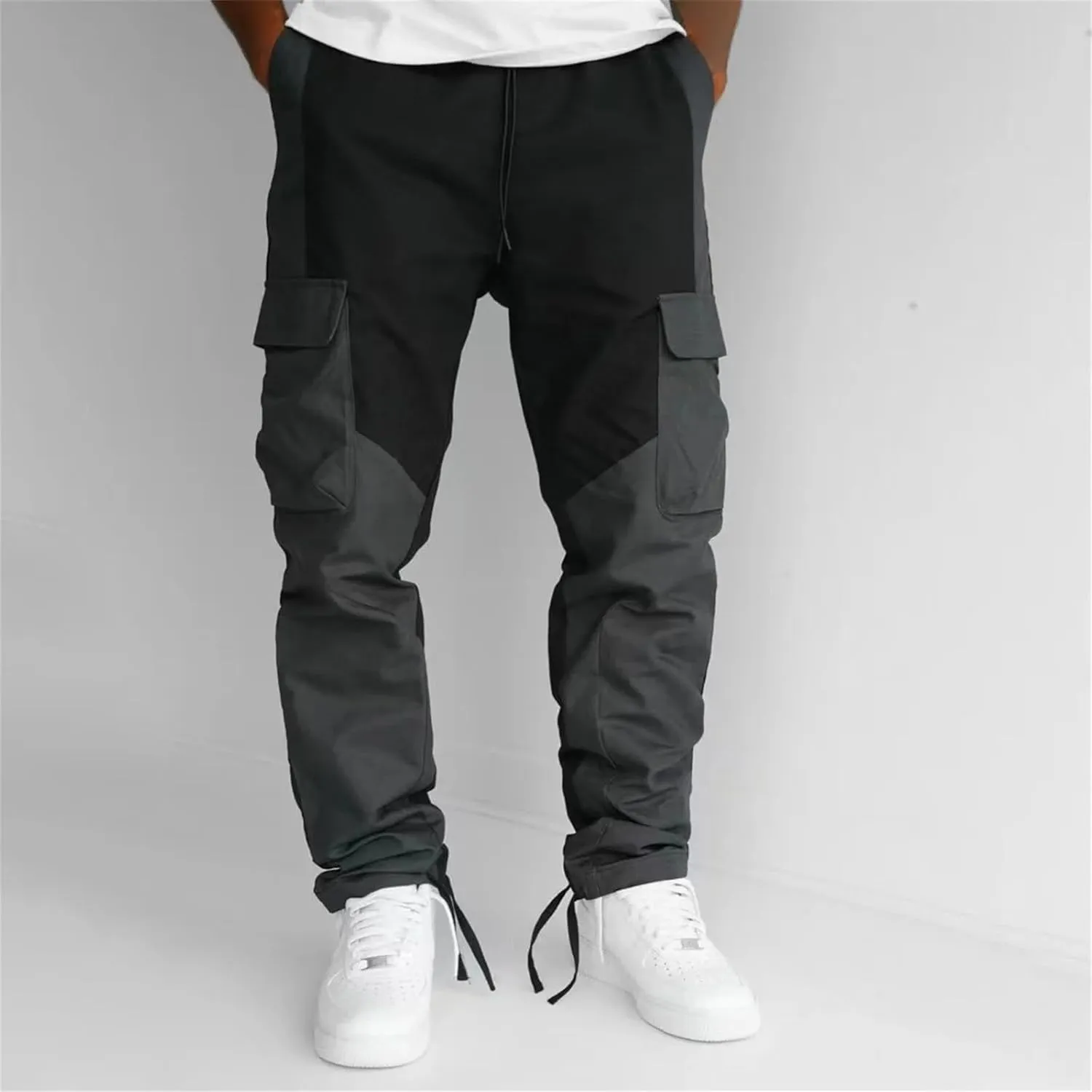 GIERIDUC Men's Twill Relaxed Fit Cargo Pant Wide Leg Tracksuit Bottoms Mens Fashion Dress Pants Black and White Leggings