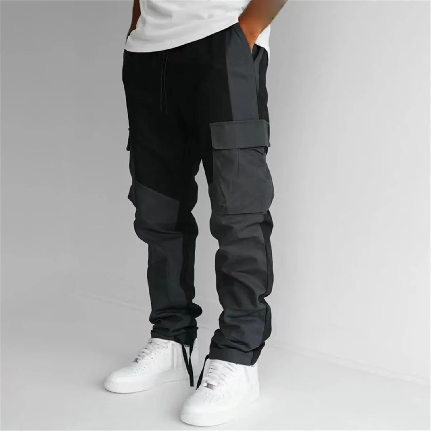 GIERIDUC Men's Twill Relaxed Fit Cargo Pant Wide Leg Tracksuit Bottoms Mens Fashion Dress Pants Black and White Leggings