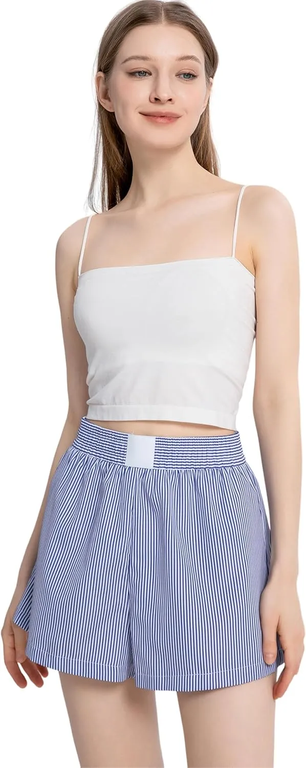 Gihuo Women's Striped Shorts Elastic High Waisted Boxer Shorts Cute Stripe Sleep Lounge Shorts Y2k Summer Casual Shorts
