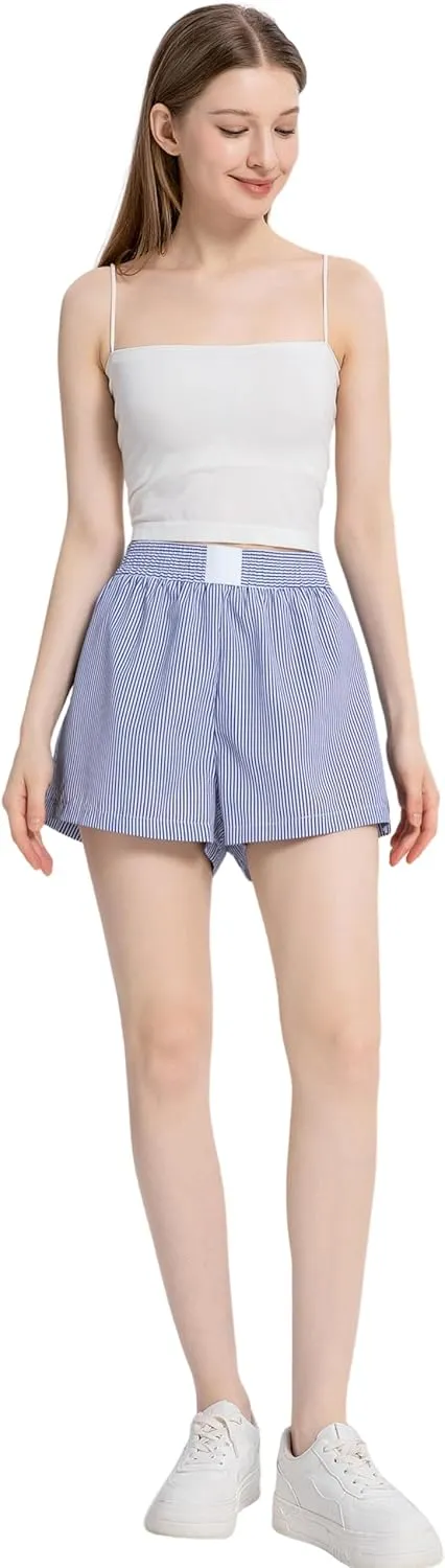 Gihuo Women's Striped Shorts Elastic High Waisted Boxer Shorts Cute Stripe Sleep Lounge Shorts Y2k Summer Casual Shorts