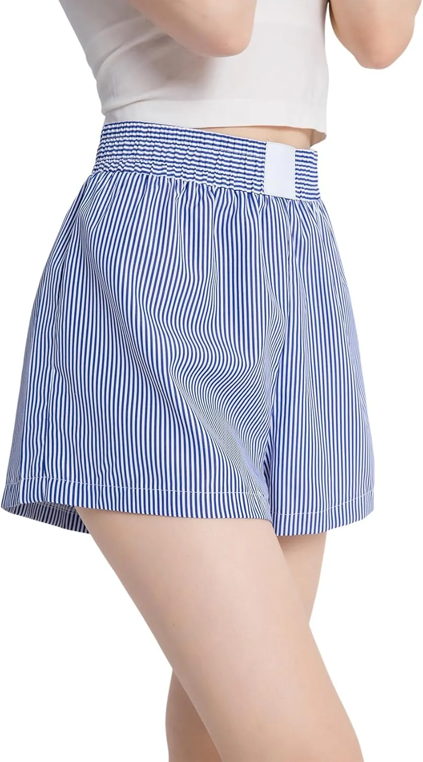 Gihuo Women's Striped Shorts Elastic High Waisted Boxer Shorts Cute Stripe Sleep Lounge Shorts Y2k Summer Casual Shorts