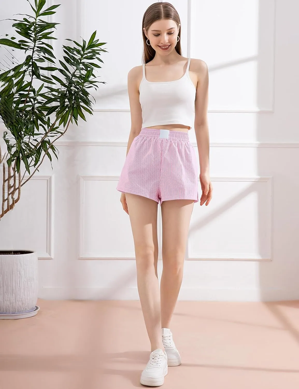 Gihuo Women's Striped Shorts Elastic High Waisted Boxer Shorts Cute Stripe Sleep Lounge Shorts Y2k Summer Casual Shorts