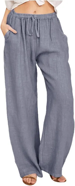 GOFULY Pants for Women Trendy Elastic Waist Drawstring Sumemr Pants Straight Wide Leg High Waisted with Pockets Slacks Clothe