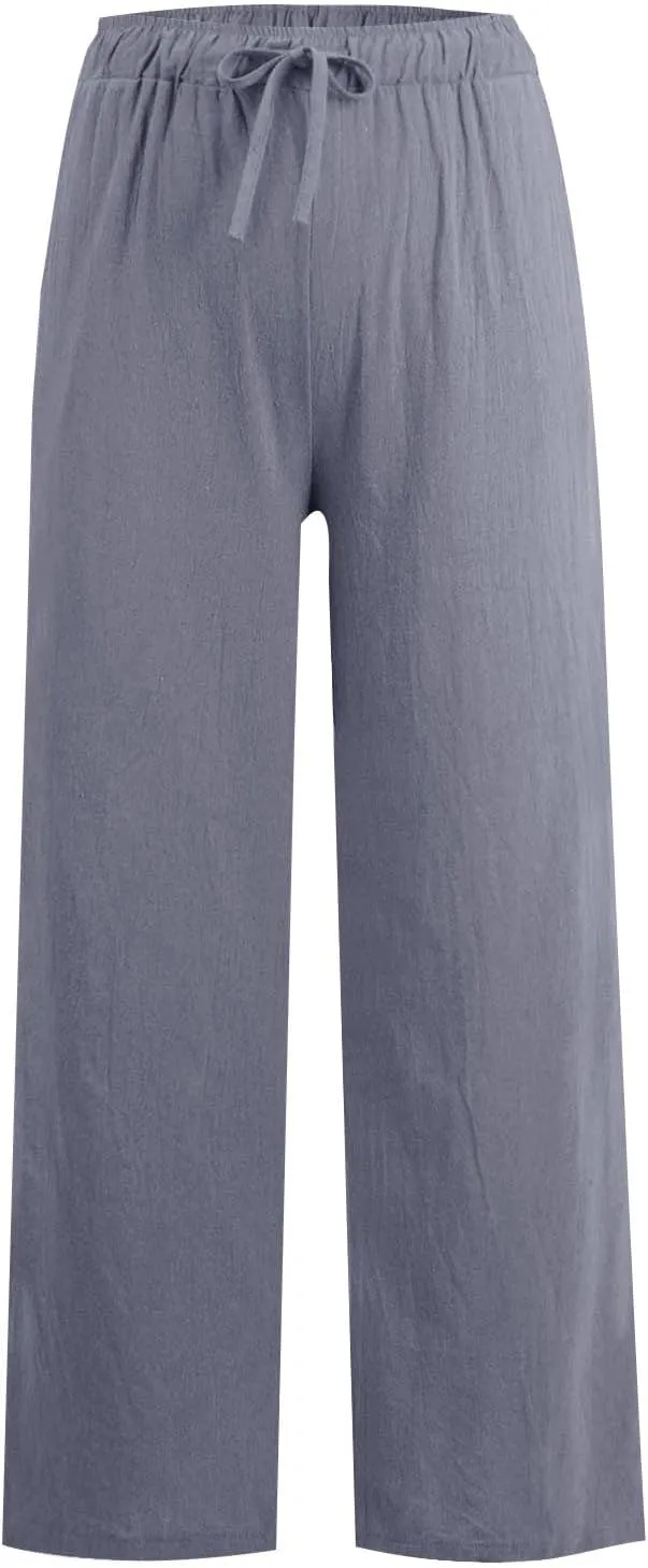 GOFULY Pants for Women Trendy Elastic Waist Drawstring Sumemr Pants Straight Wide Leg High Waisted with Pockets Slacks Clothe