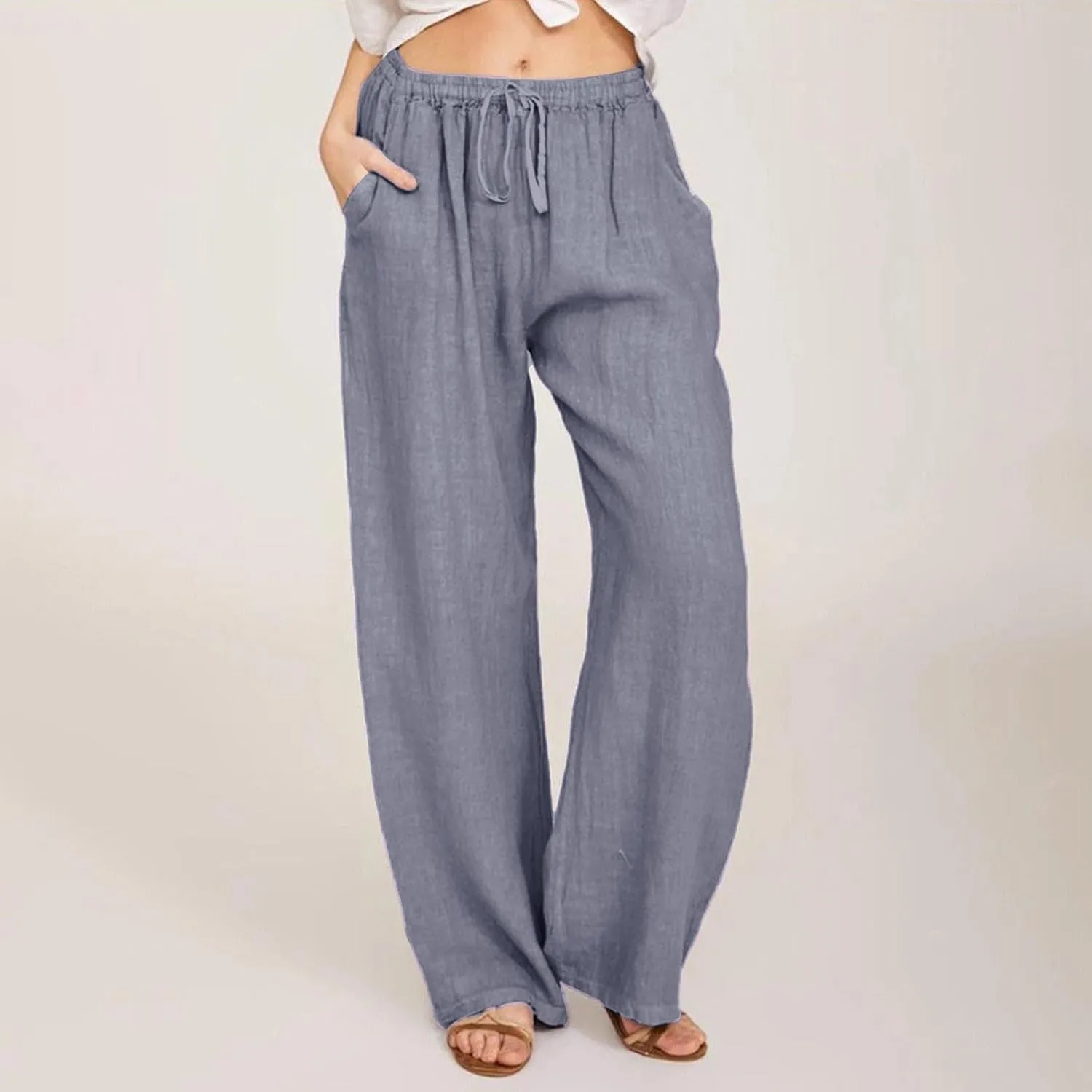 GOFULY Pants for Women Trendy Elastic Waist Drawstring Sumemr Pants Straight Wide Leg High Waisted with Pockets Slacks Clothe