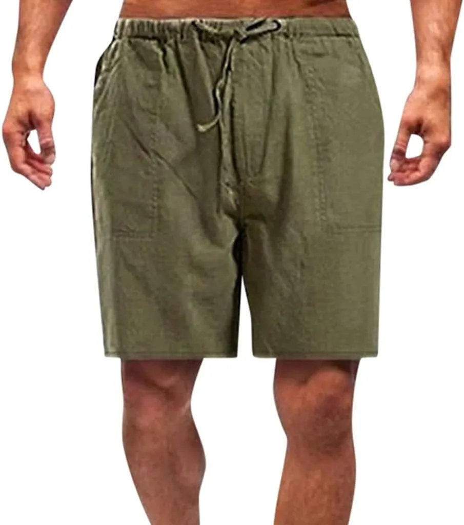 GOKKILRW Mens Cotton Linen Shorts Solid Elastic Waist Drawstring Loose Fit Shorts Casual Lightweight Boho Summer Beach Shorts