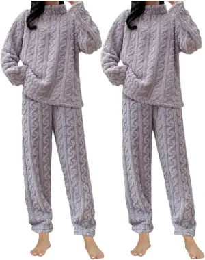 HGps8w 2 Pack Women's Fuzzy Fleece Pajama Sets - Long Sleeve Pullover Sleepwear Tops Long Pants 2 Piece Lounge Outfits